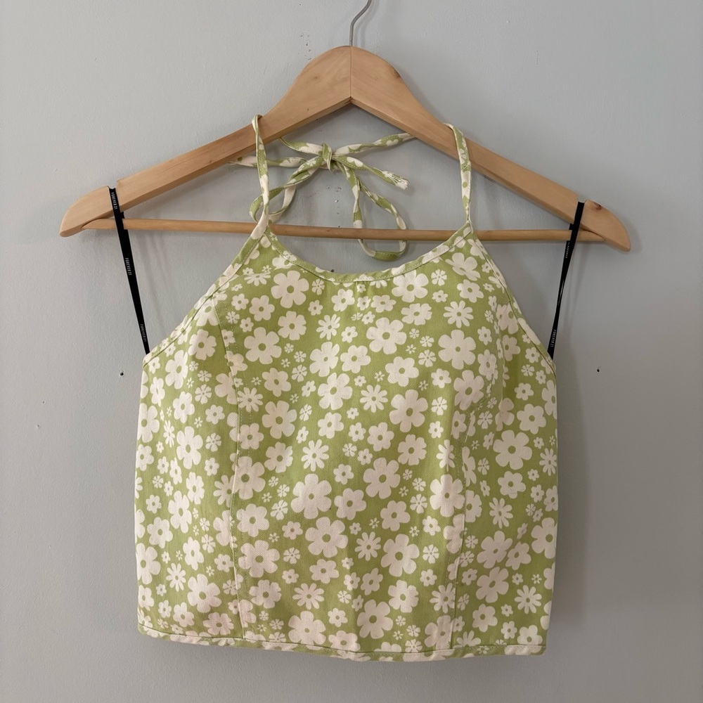 Forever 21 Green and White Floral Halter Crop Top